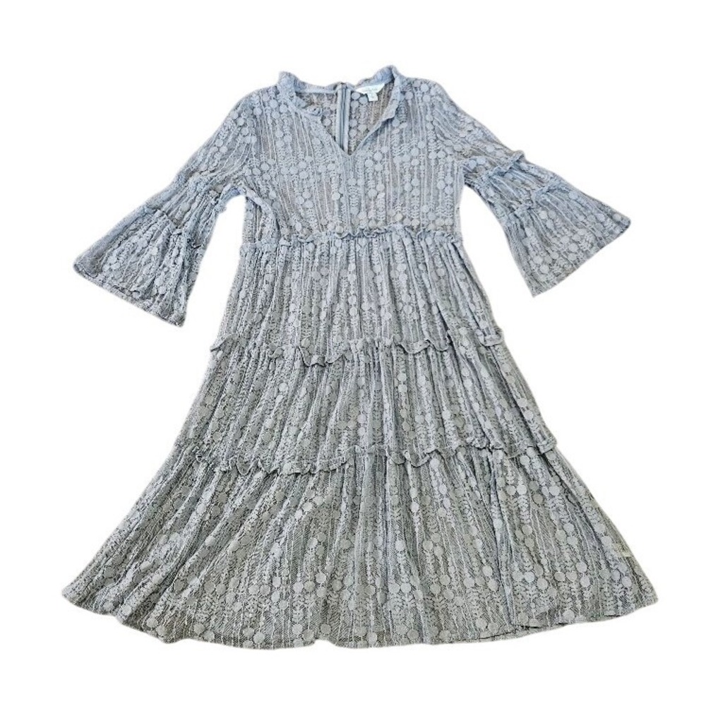 Sundance Blue Lace Tiered Midi Dress Womens Large Bell Sleeve Boho V-Neck